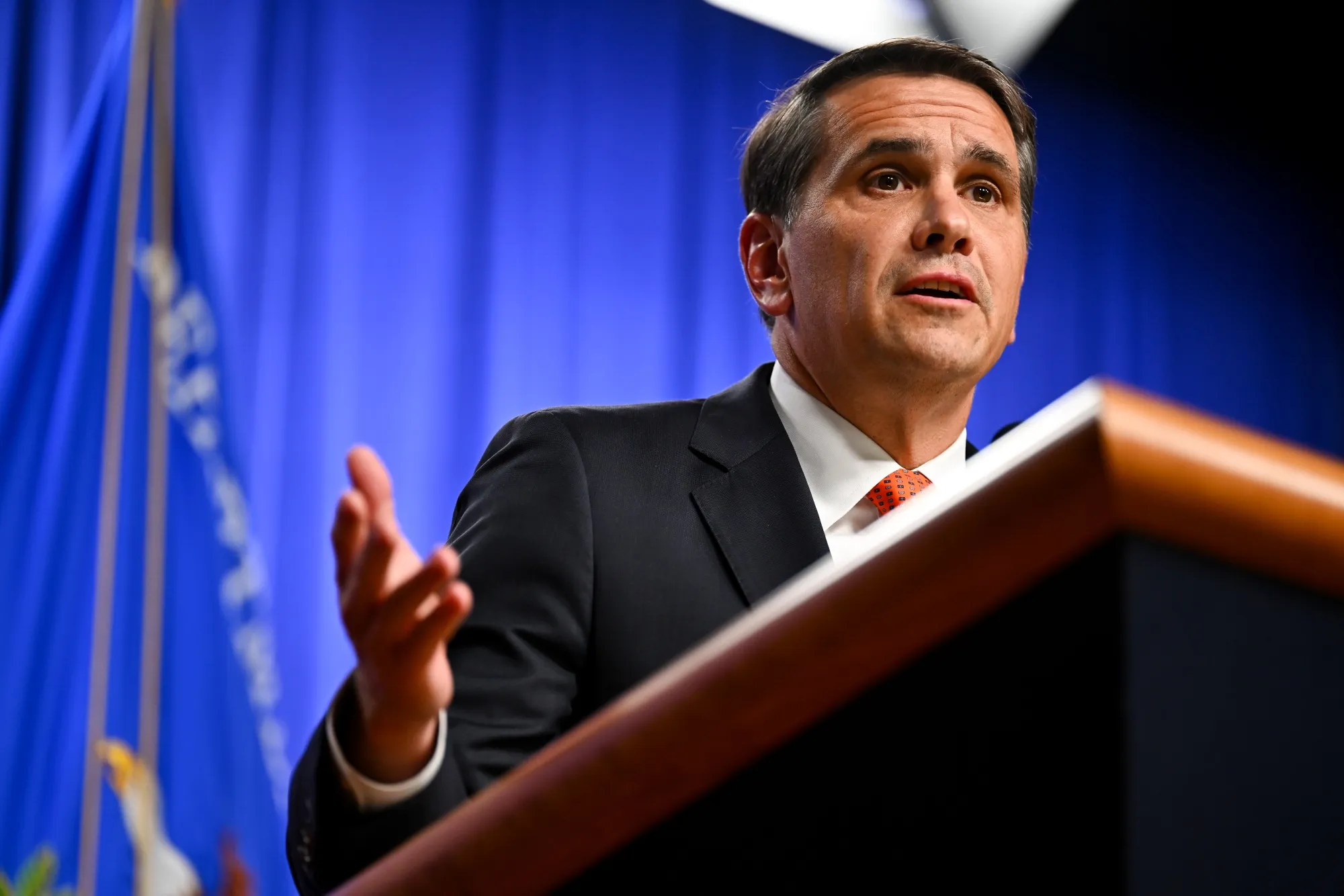 Acting Attorney General Todd Blanche during a news conference at the Department of Justice in Washington on April 7.