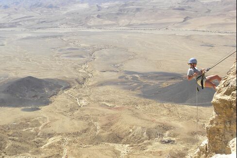 Rappelling into the Makhtesh Ramon, near the Beresheet Hotel.