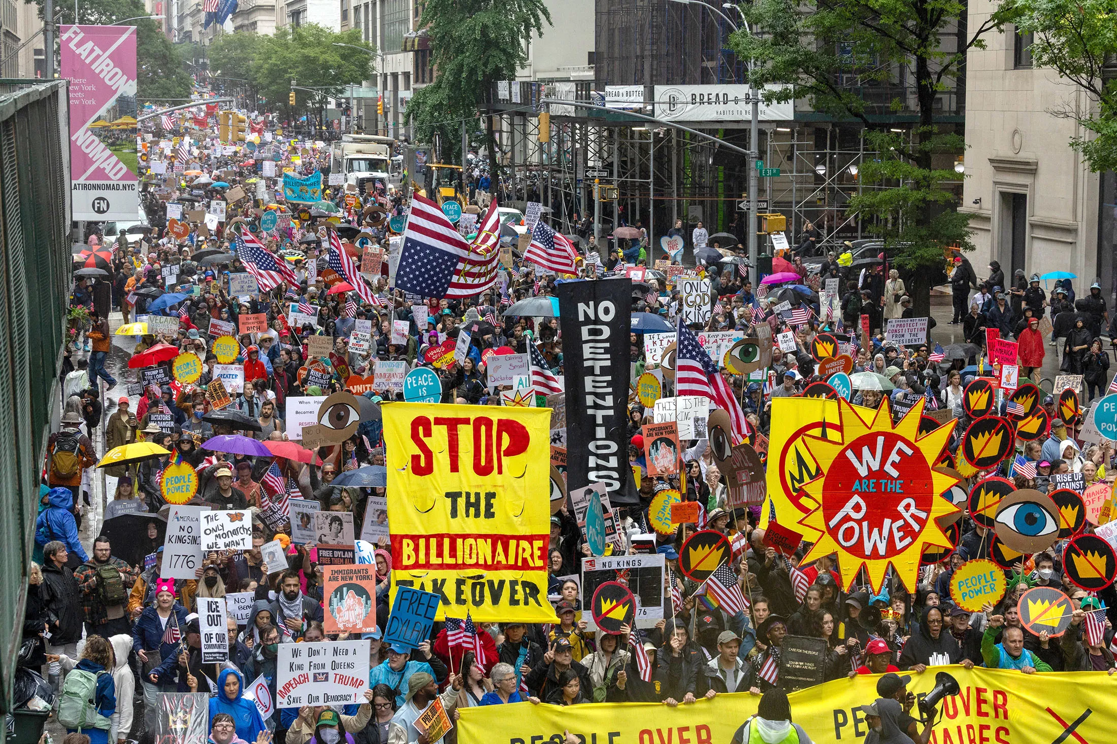 Demonstrators march during a “No Kings” protest in New York on June 14