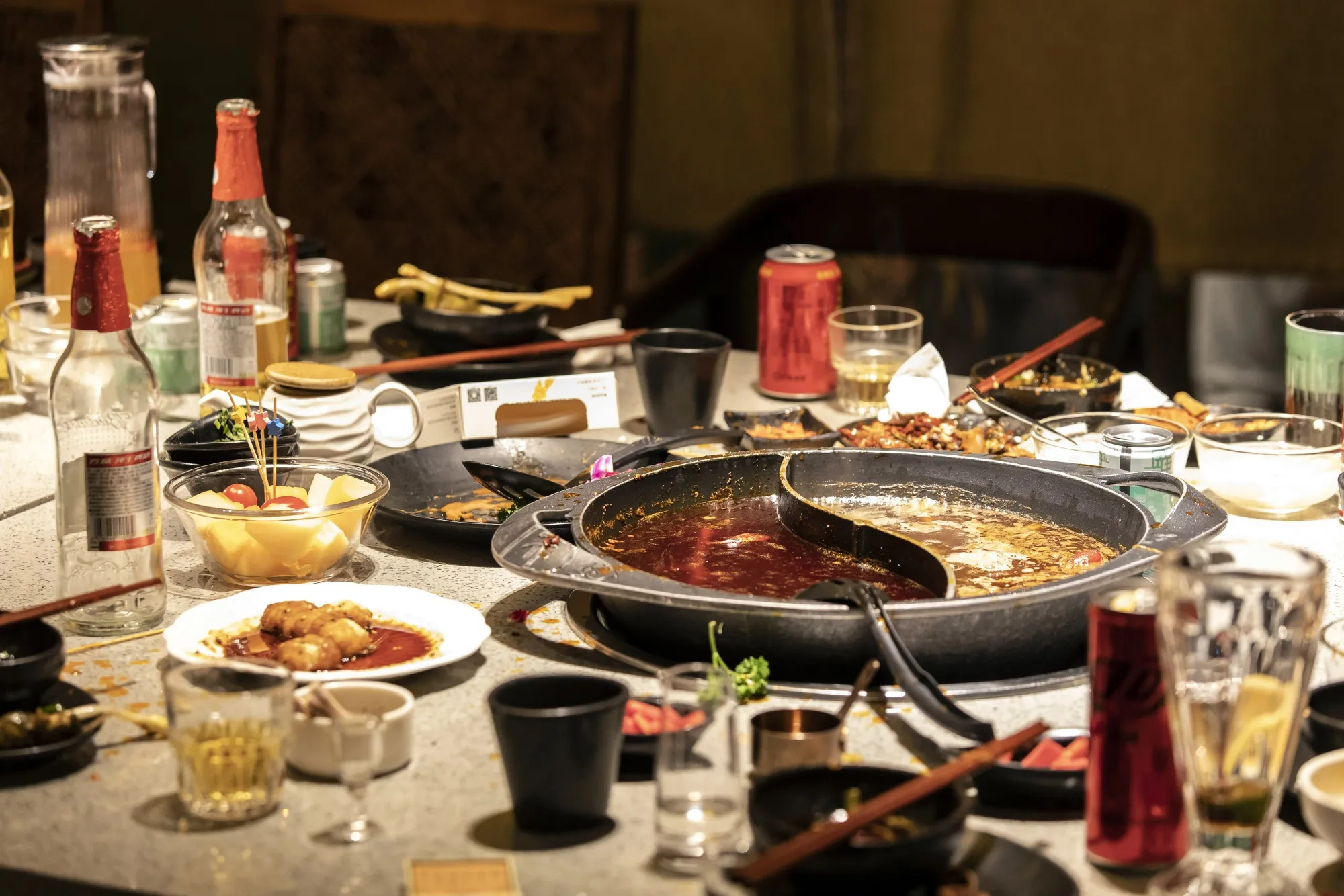 The remnants&nbsp;of a hot pot meal at a restaurant in Chengdu, China.&nbsp;