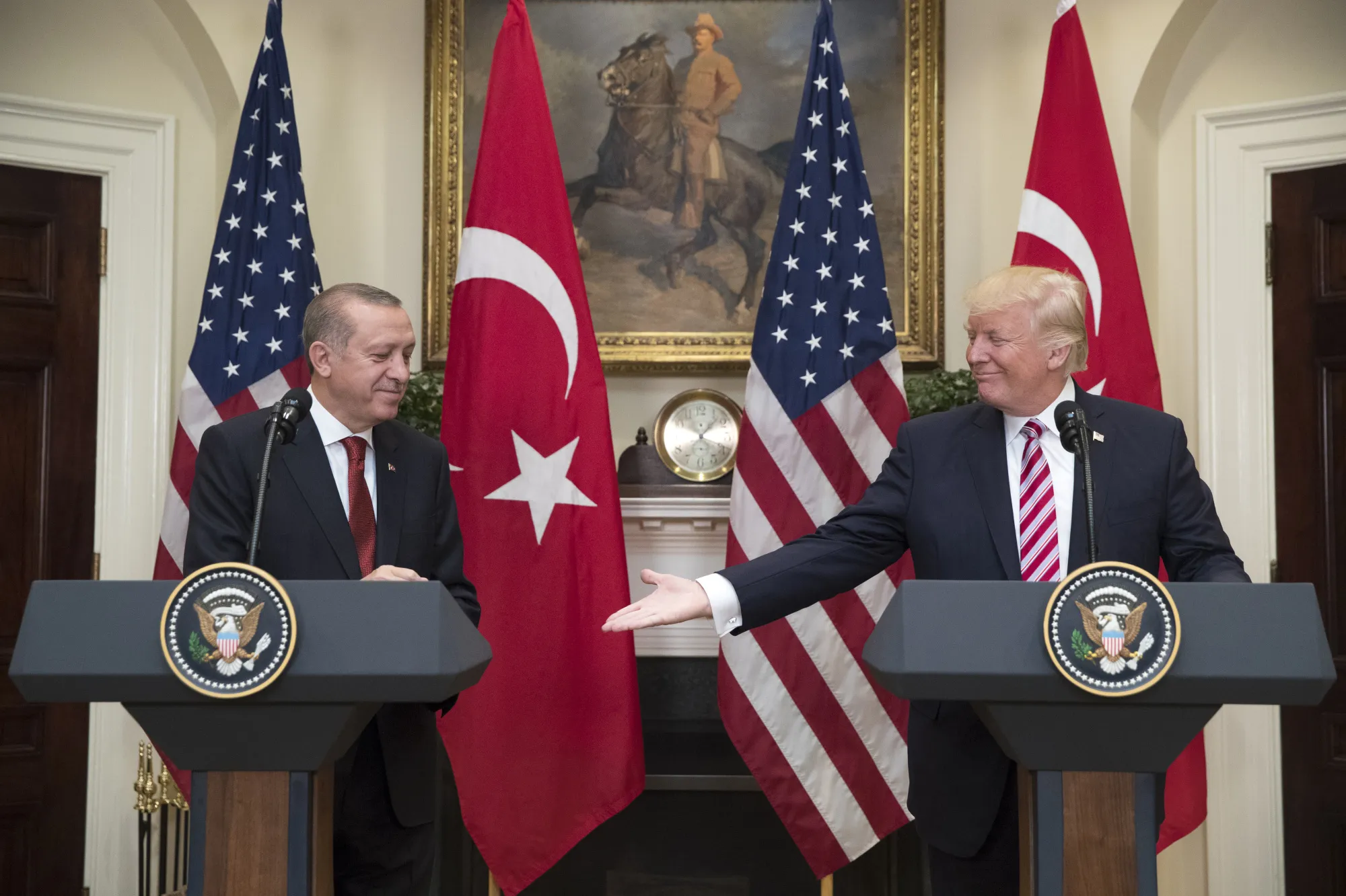 U.S. President Donald Trumpand  Recep Tayyip Erdogan, Turkey's president during a news conference at White House on May 16, 2017.