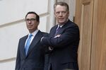 Robert Lighthizer and Steven Mnuchin wait to greet Liu He in Washington on May 10.