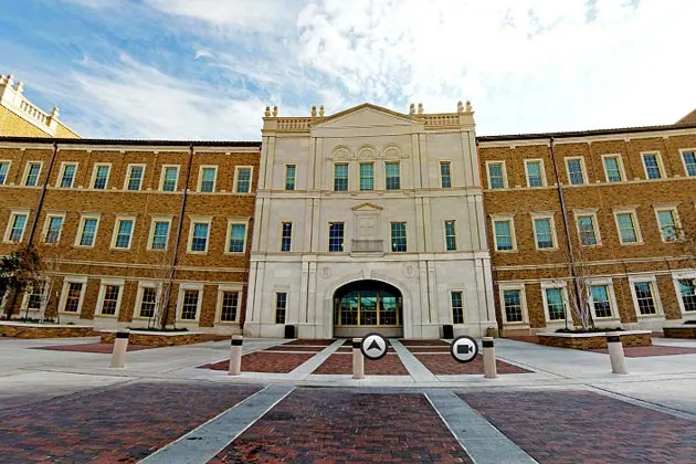 Texas Tech's virtual tour of the Rawls School of Business, starting at the entrance
