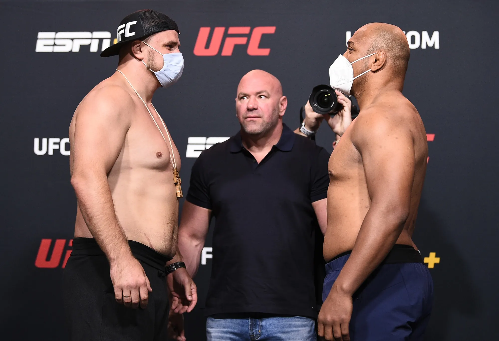 Alexandr Romanov, left,&nbsp;and Marcos Rogerio De Lima face off during the UFC Fight Night weigh-in&nbsp;on Sept. 4.