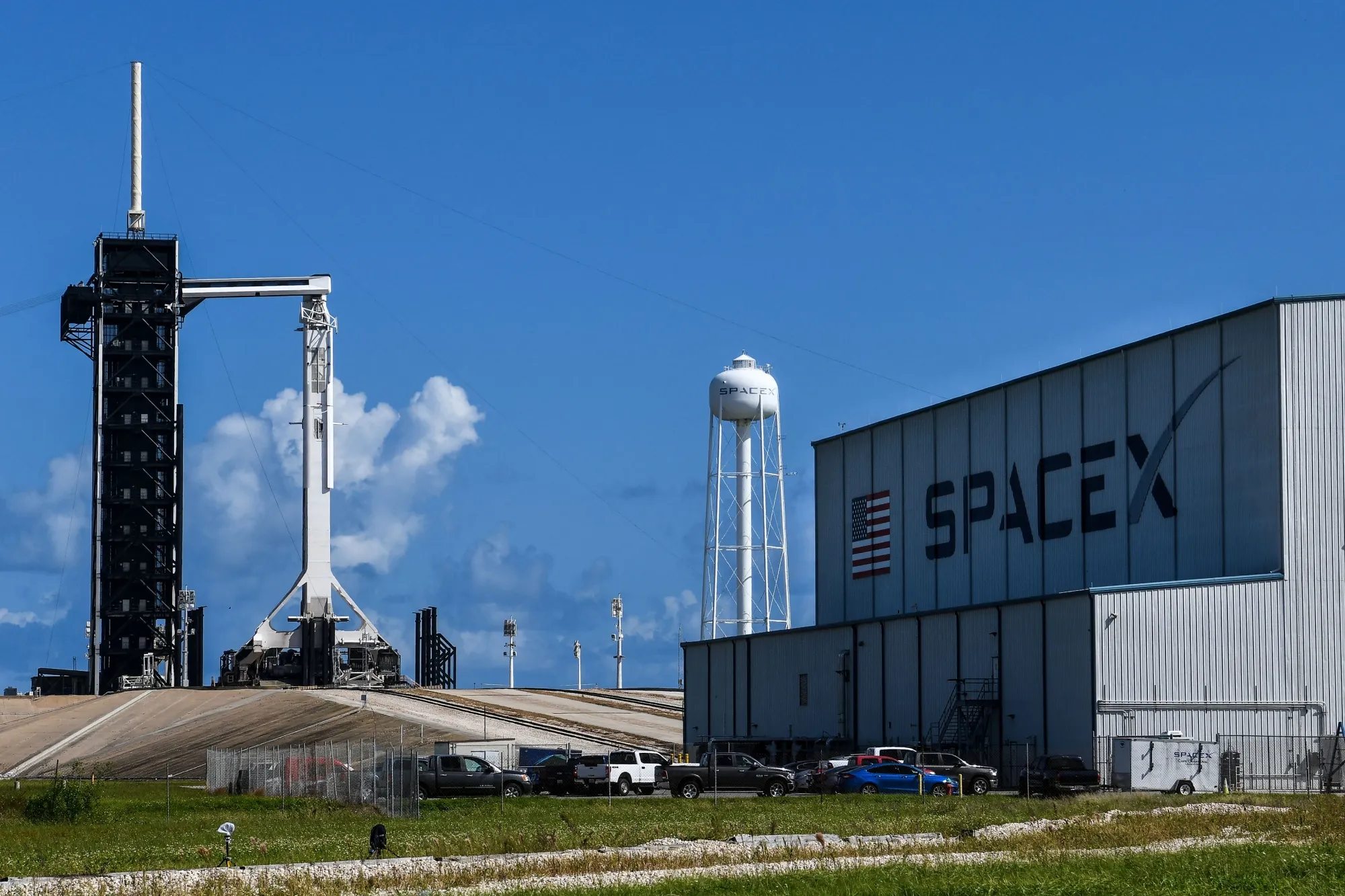 SpaceX Falcon 9 rocket and Crew Dragon on launch Pad 39A at Kennedy Space Center&nbsp;in Cape Canaveral, Florida.
