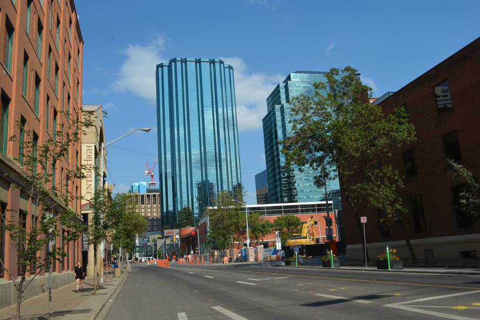 A streetlevel view of Manulife Place (center) the second tallest building in Edmonton after the Epcor Tower was built in 2011.