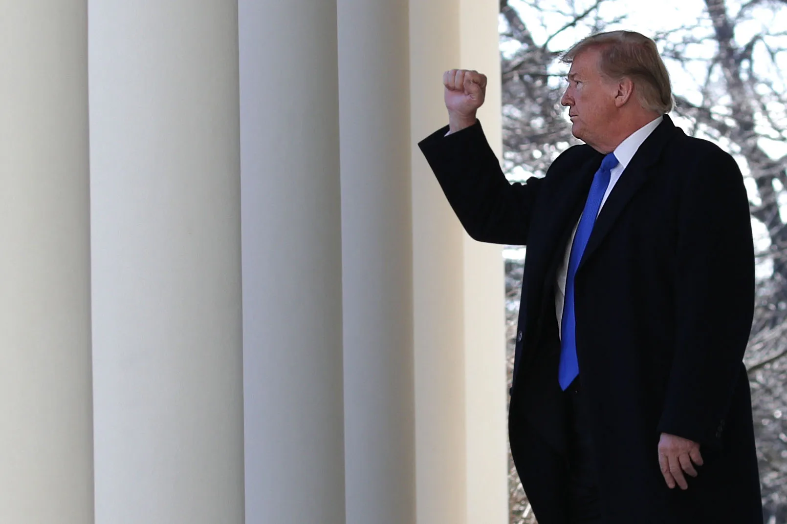 Donald Trump holds up his fist after he spoke on border security at the White House, Feb. 15.