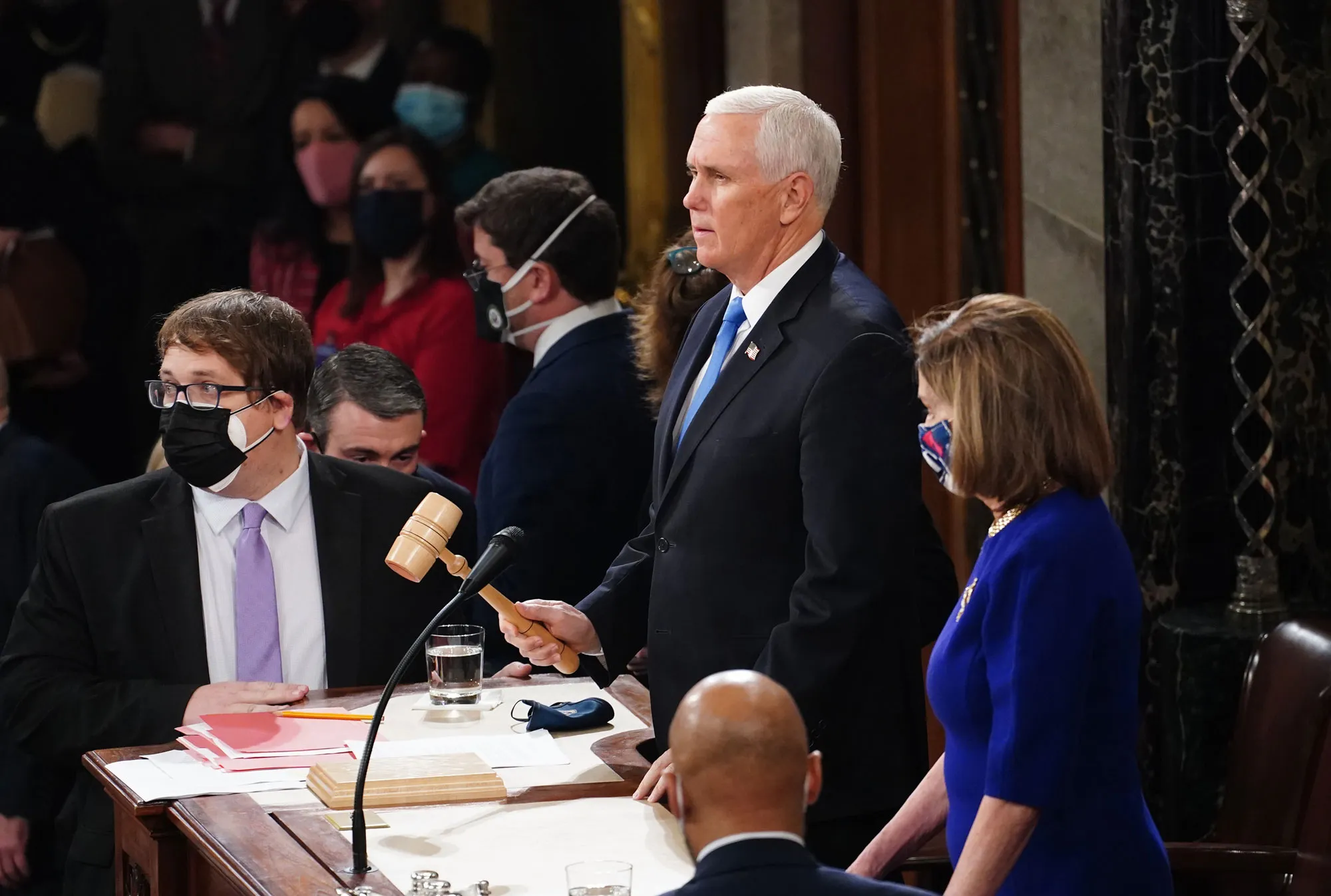 Mike Pence presides over the Electoral College vote certification for President-elect Joe Biden at the US Capitol on Jan. 6, 2021.