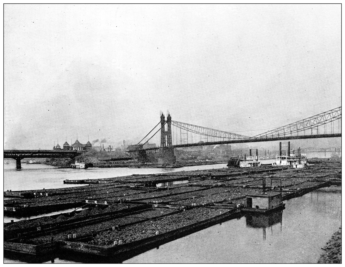 Antique black and white photograph of historic towns of the middle States: Pittsburgh, Coal fleet