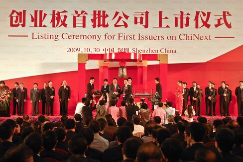 Delegates of the first batch of 28 selected firms for China's ChiNext pose for photos on Oct. 30, 2009.