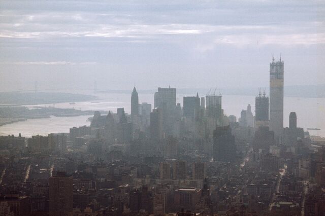 Wide angle view of Manhattan looking south from the Empire State Building, 1970.