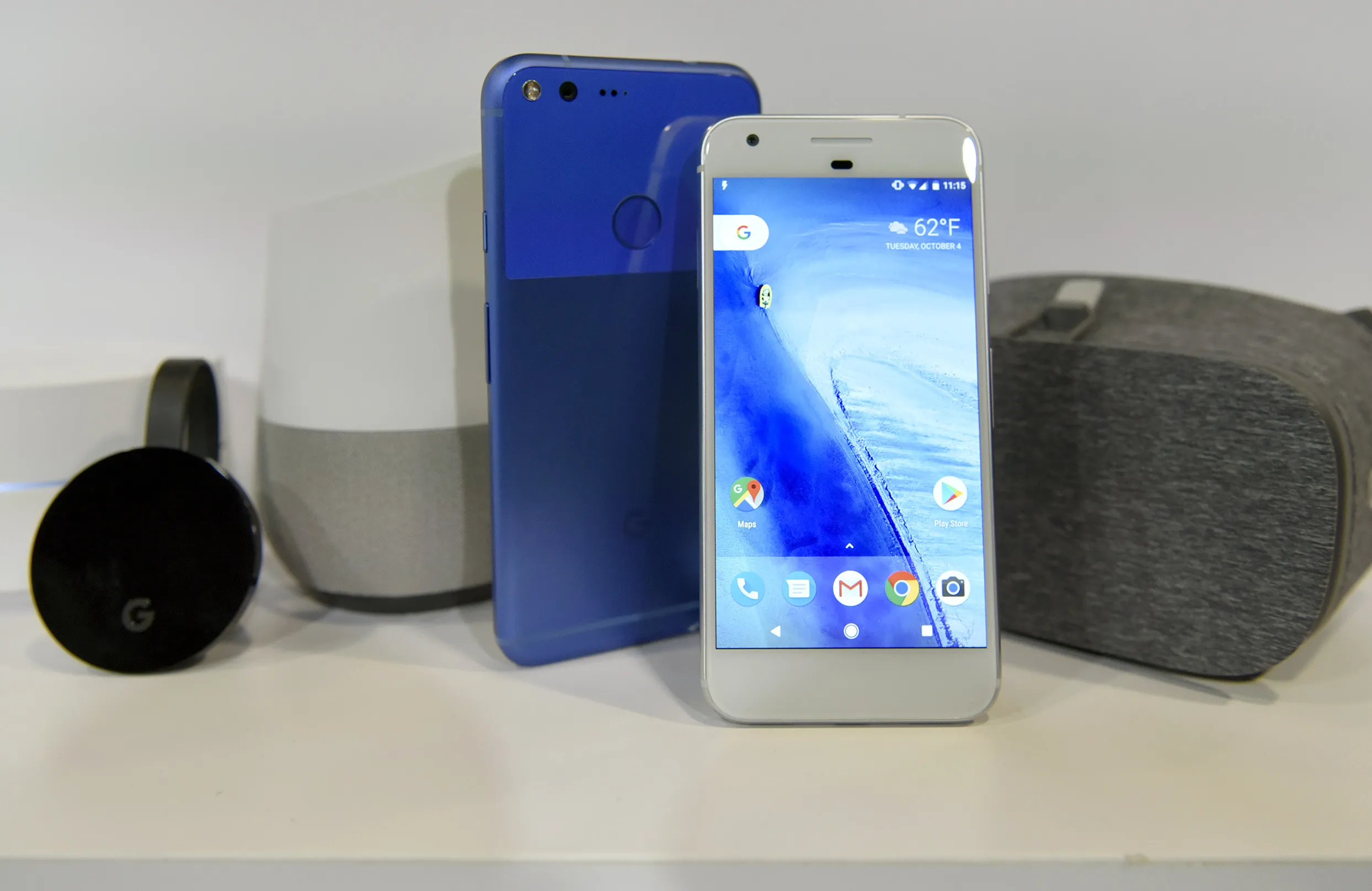 Google products, including the Pixel XL and Pixel, center, during a product launch in San Francisco, on Oct. 4, 2016.
