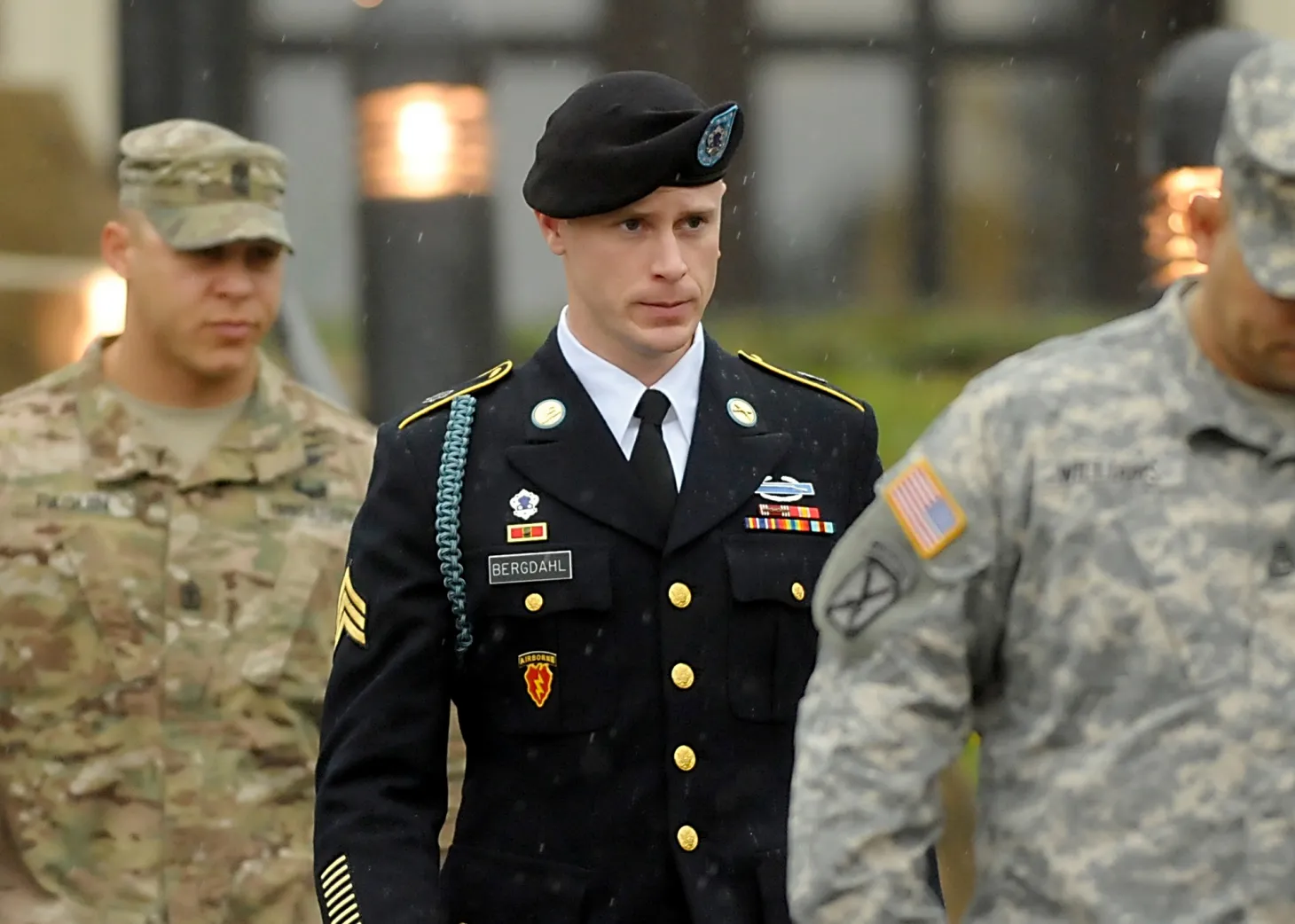 Army Sgt. Bowe Bergdahl, center, of Hailey, Idaho, leaves a military courthouse in Ft. Bragg, North Carolina, on Dec. 22, 2015.
