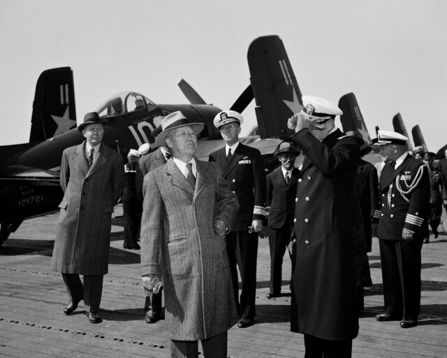 South Korean President Syngman Rhee on the US aircraft carrier Boxer near Inchon, Korea, in April 1950.