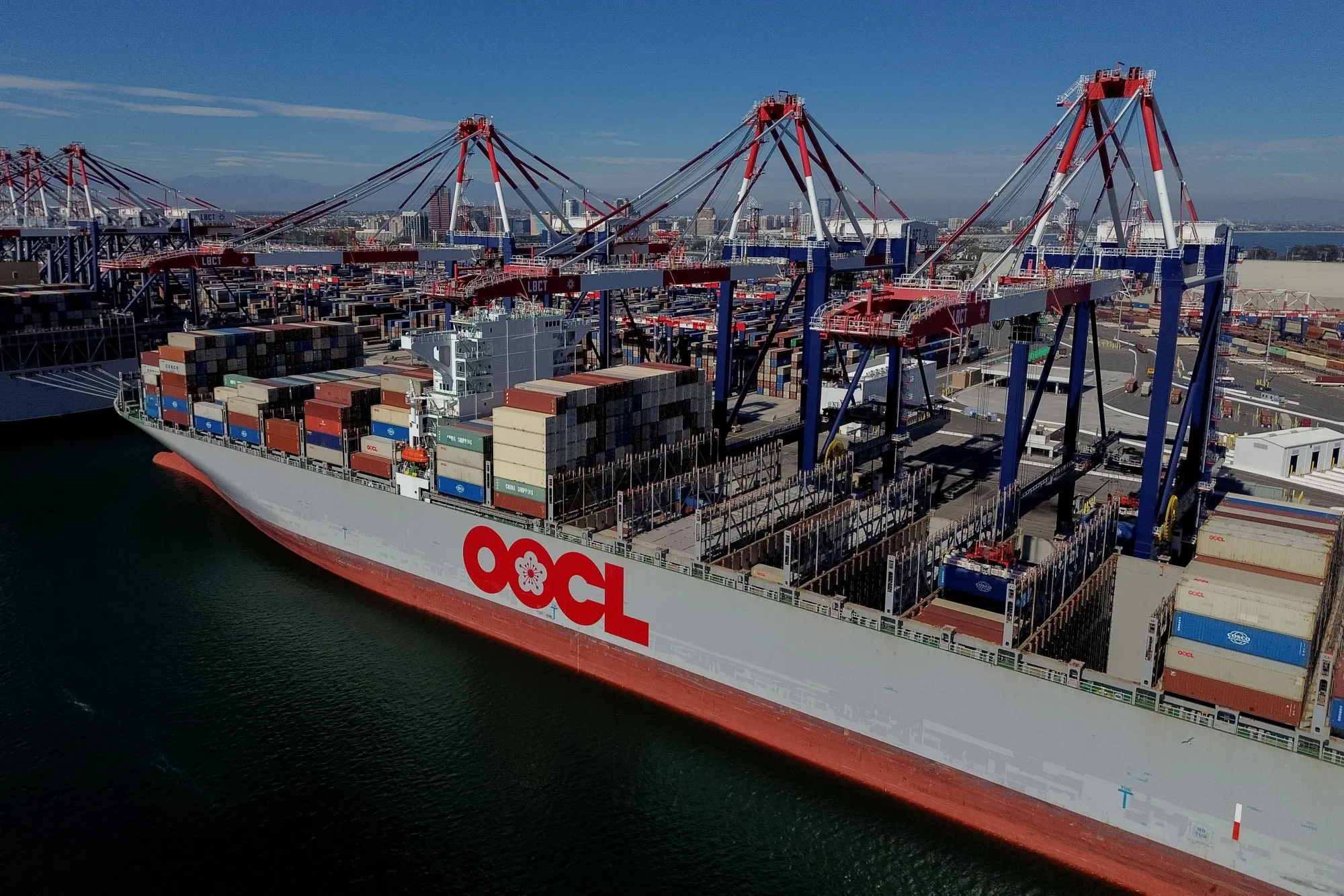 An OOCL container ship&nbsp;at the Port of Long Beach in Long Beach, California.