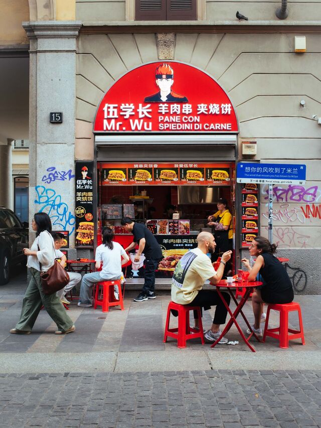 A street view of a restaurant in Milan's Chinatown