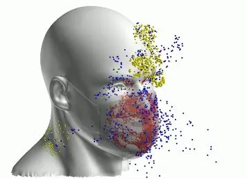 Spread of droplets wearing double mask.