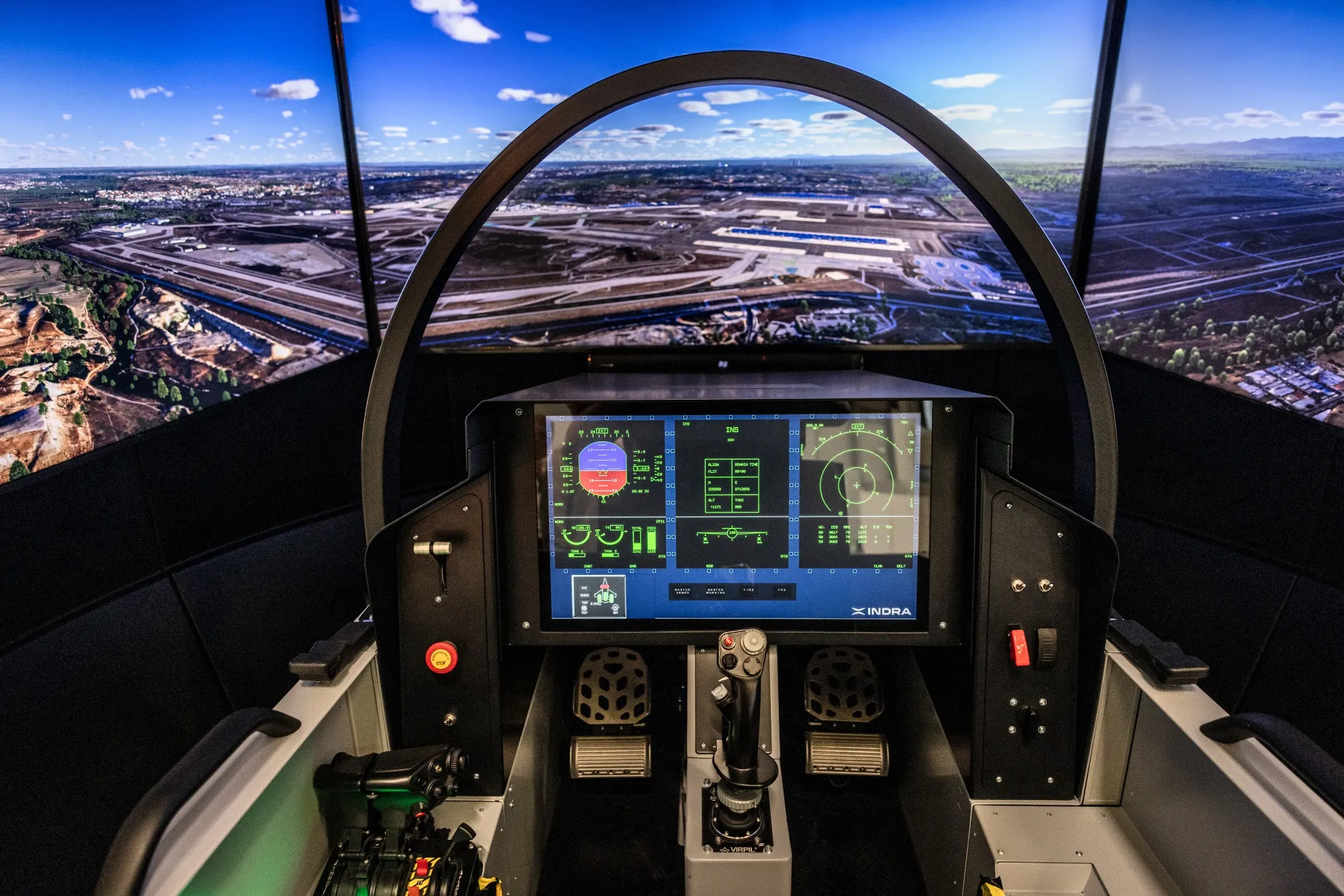A NEXUS-F fighter jet simulator at the Indra Sistemas SA training and simulation systems plant in Coslada, near Madrid.
