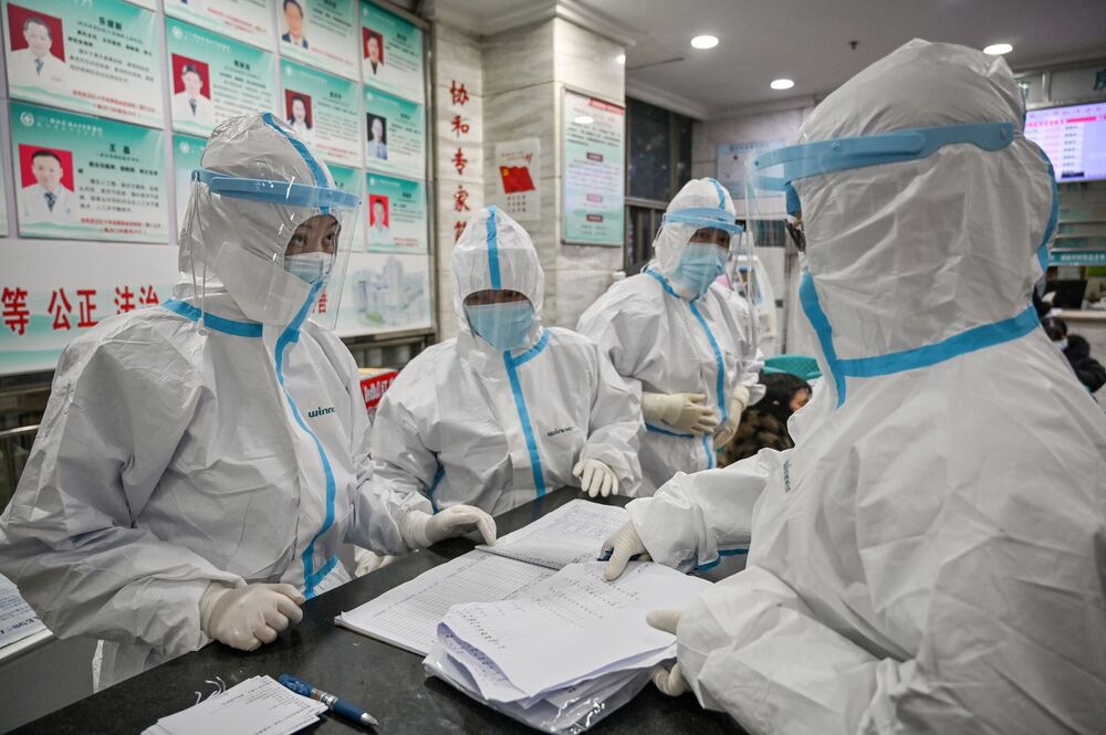 Medical staff at the Wuhan Red Cross Hospital in Wuhan on Jan. 25.