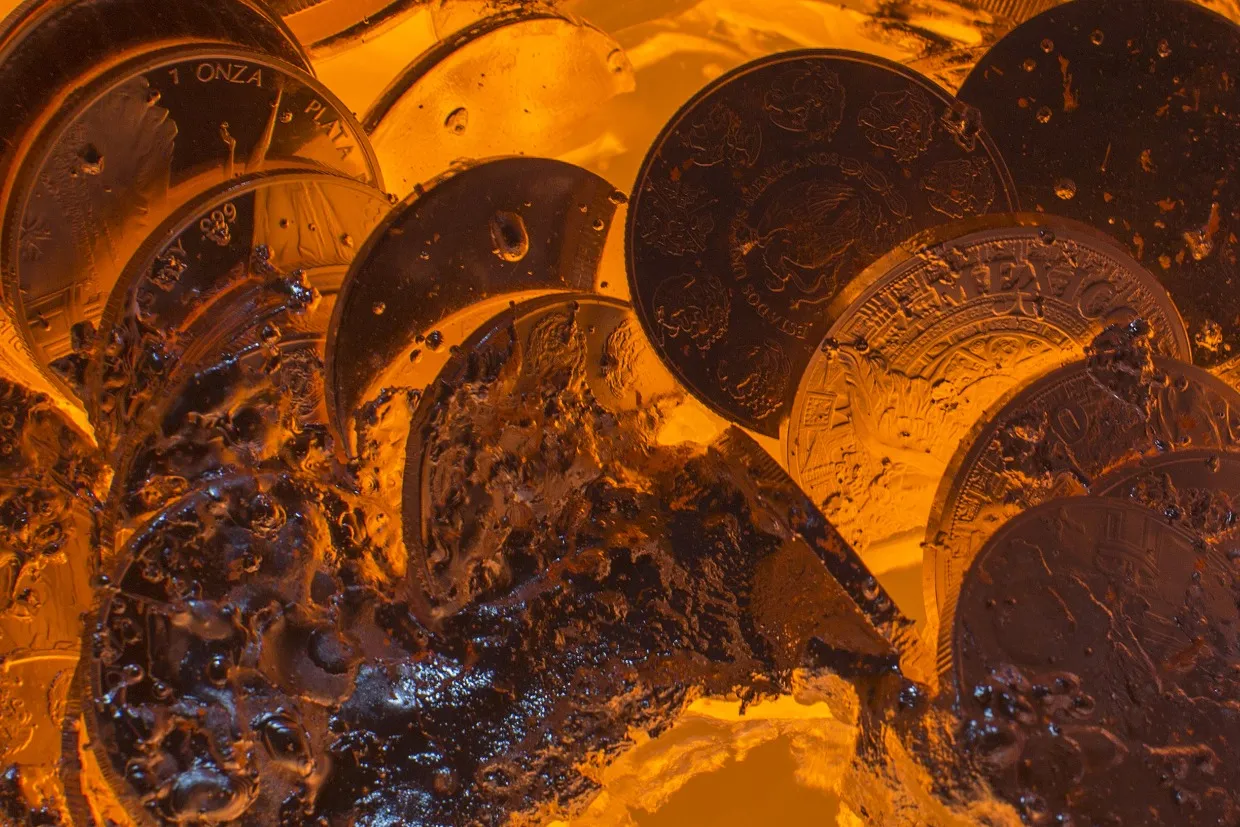 Silver coins are melted in order to be re-used again at the Mexican Mint, or Casa de Moneda, in San Luis Potosi, Mexico.