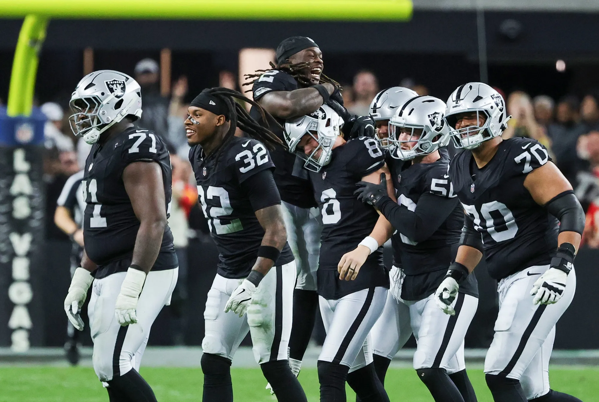 Las Vegas Raiders celebrate after winning a game last season.