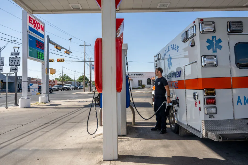 An EMT ambulance is filled with&nbsp;gas after responding to a call as temperatures soar, in Eagle Pass, Texas.&nbsp;