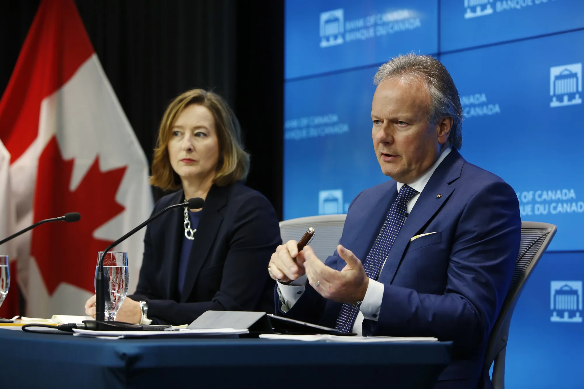 Stephen Poloz and Carolyn Wilkins at a press conference on Wednesday.