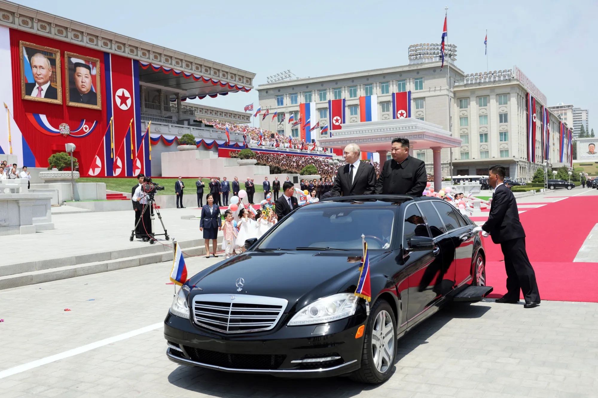 Kim Jong Un and Vladimir Putin in Pyongyang in a photo released by Russian state media, on June 19.