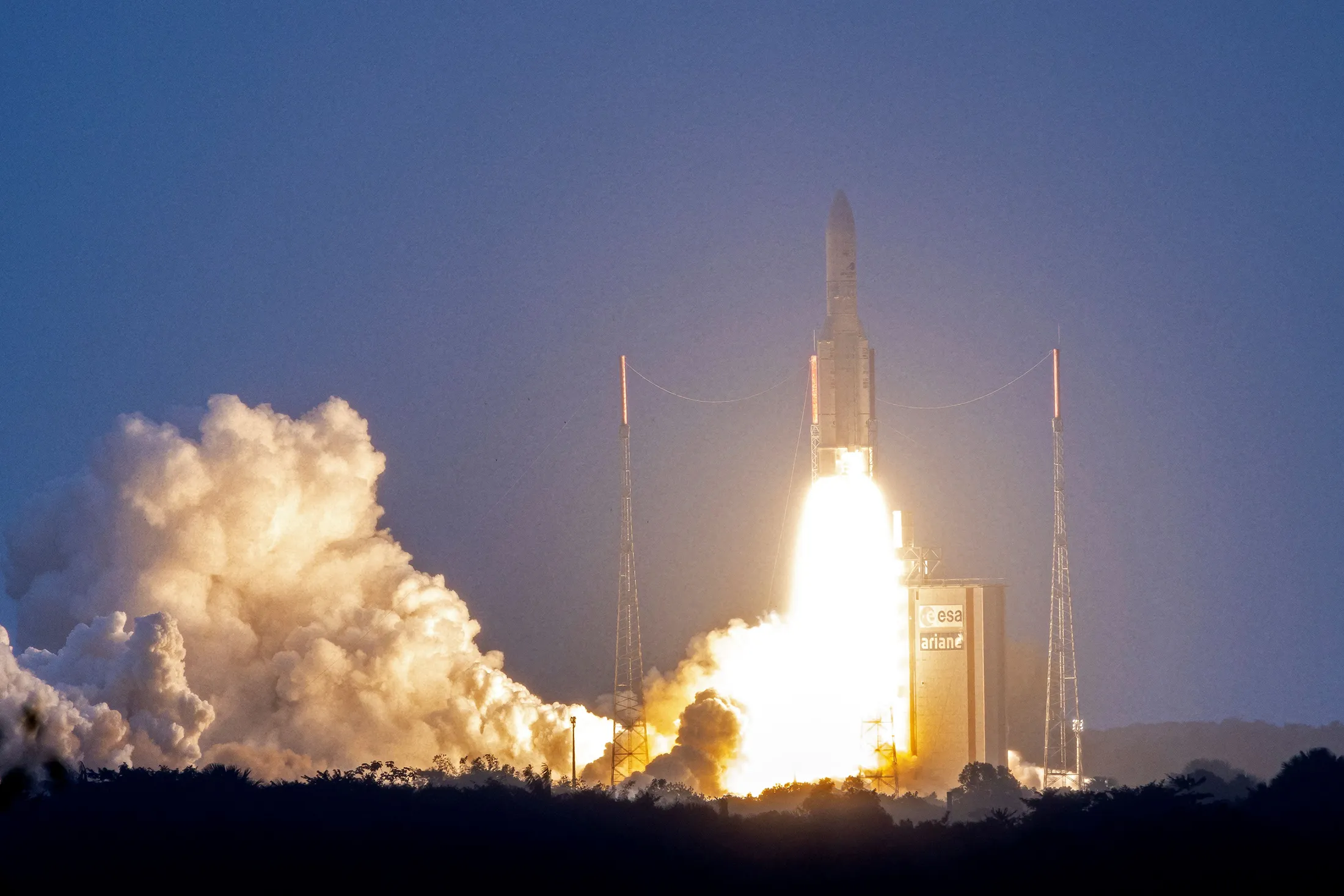 An Ariane 5 rocket carrying Eutelsat telecommunications satellites lifts off from its launchpad in Kourou, at the European Space Center in French Guiana, in 2020.