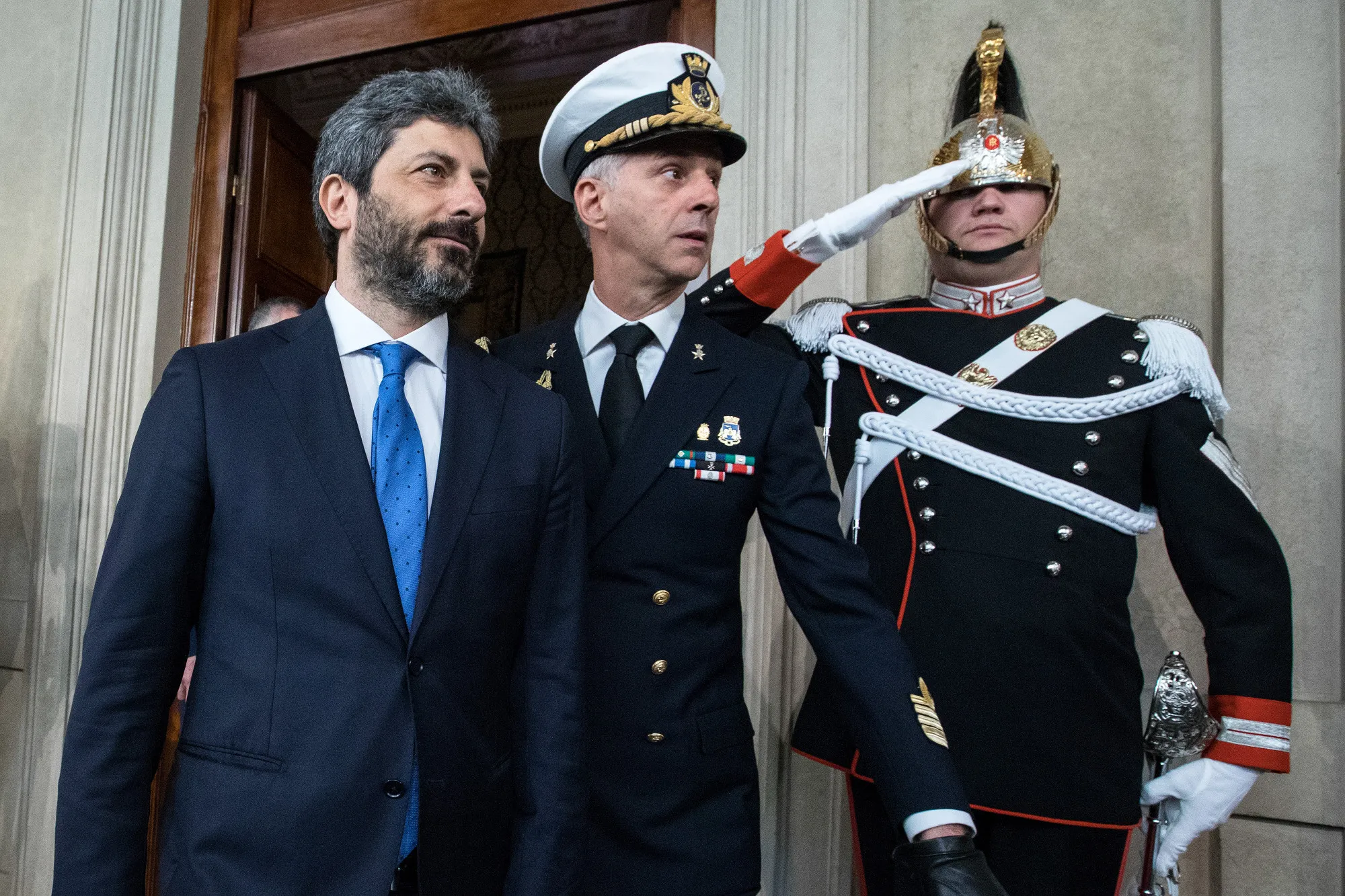 Roberto Fico, speaker of Italy's lower house, left, leaves following a meeting with Italian President Sergio Mattarella, not pictured, at the Quirinale in Rome, Italy, on April 13.