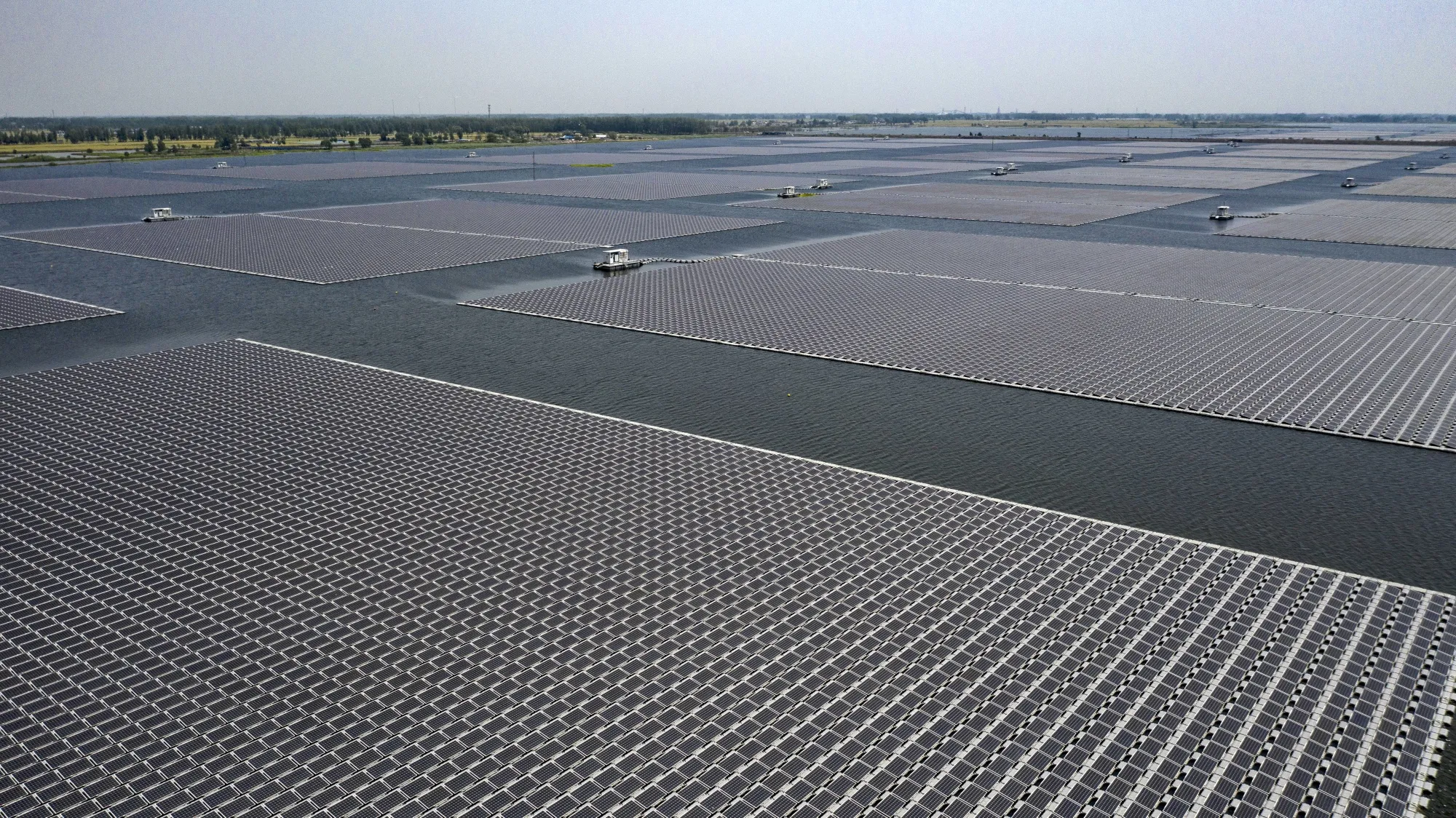 A floating solar farm of Sungrow Power Supply Co., built on the site of a former coal mine, since filled with water, in Huainan, China in May&nbsp;2023.&nbsp;