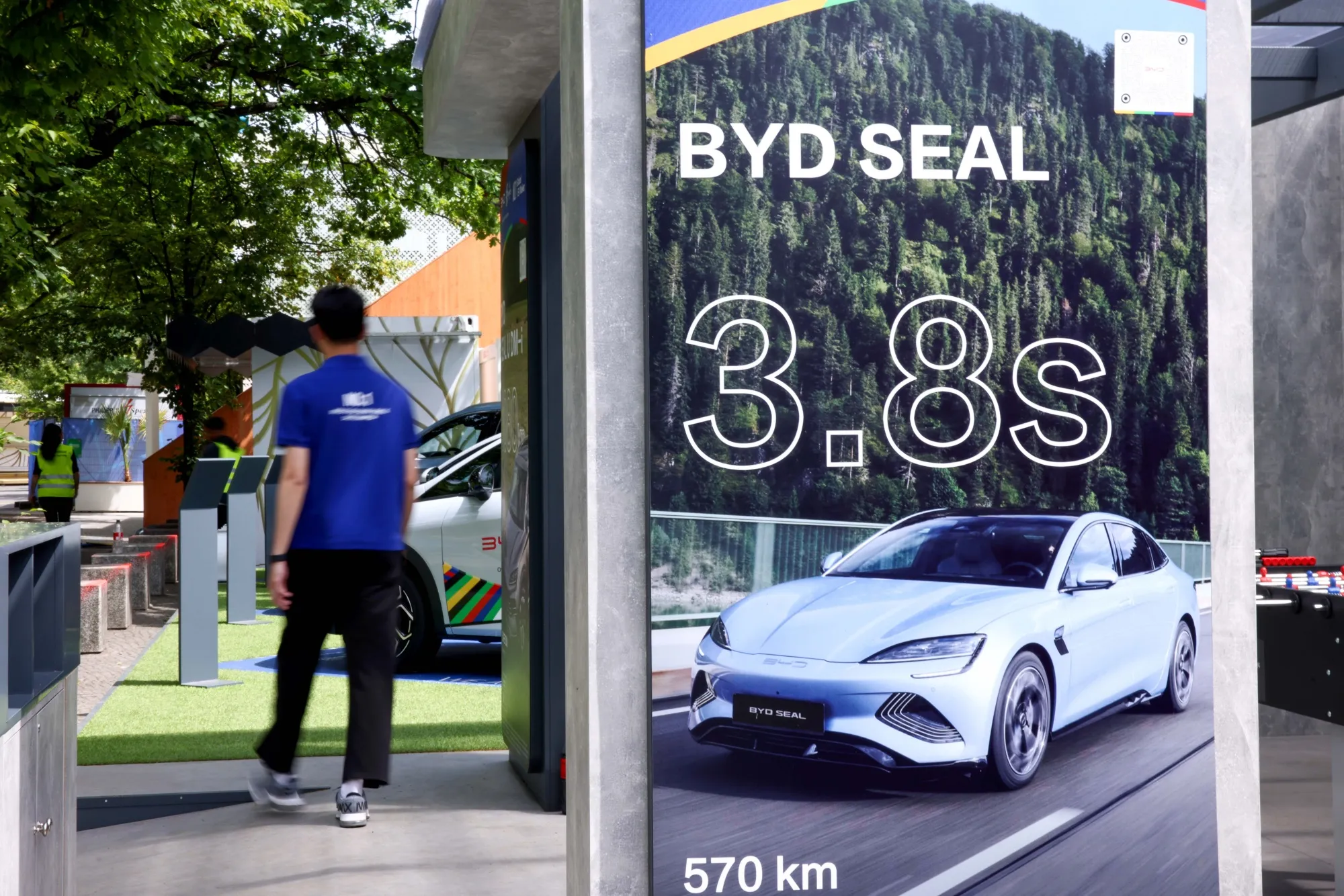 A BYD Co. sponsorship stand at a Fan Zone in Berlin for the Euro 2024 football championship.