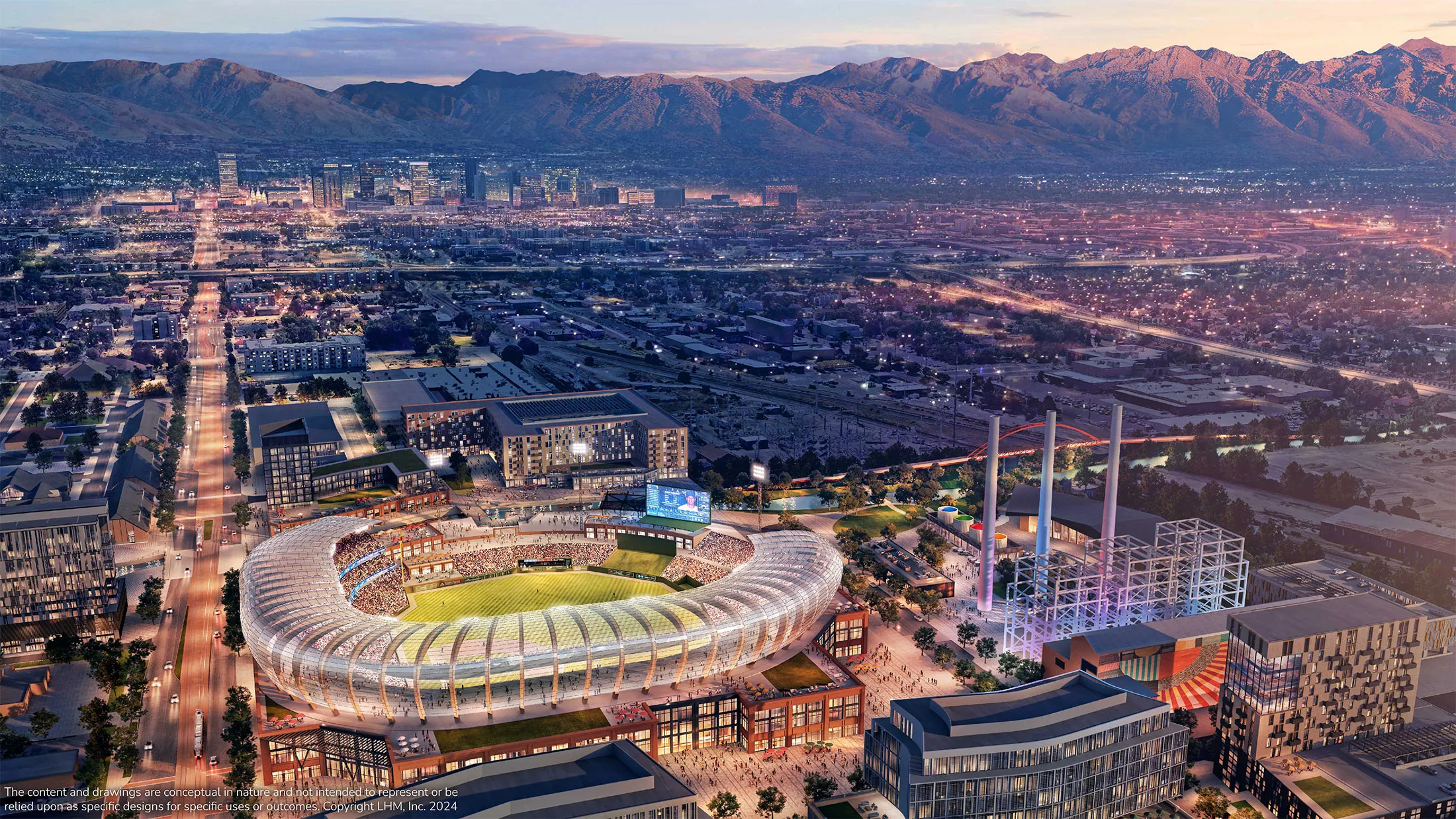 A rendering for the Power District development, a roughly 100-acre site adjacent to the Utah State Fairpark and the Jordan River that could soon be home to an MLB franchise.