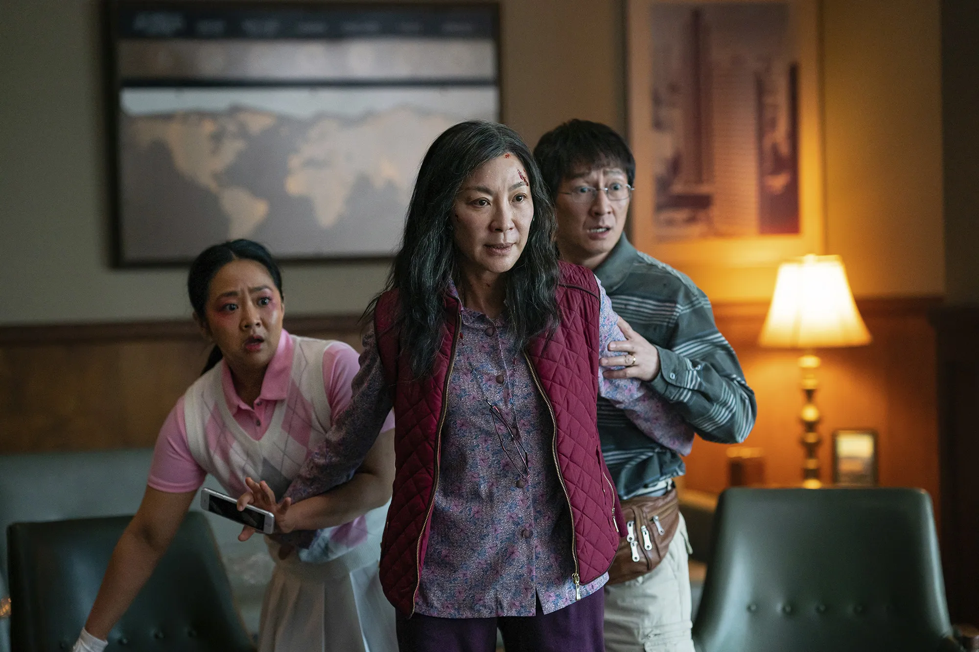 Stephanie Hsu, Michelle Yeoh and Ke Huy Quan in a scene from, “Everything Everywhere All At Once.”