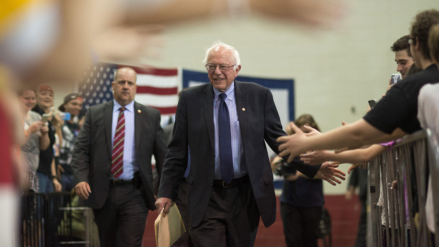 Senator Bernie Sanders greets attendees before speaking during a campaign event in Huntington, West Virginia, on April 26, 2016.
