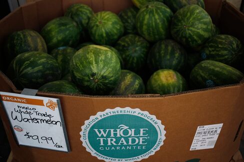 Organic watermelons are displayed for sale outside a Whole Foods Market Inc. store in Louisville, Kentucky.