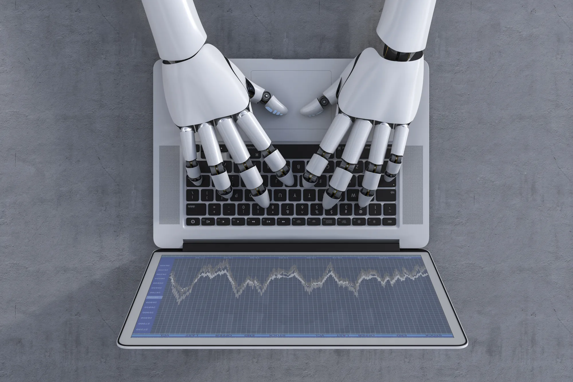 3D Rendering, Robot and laptop, stock exchange trading