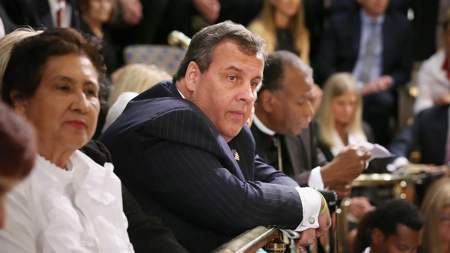 New Jersey Governor Chris Christie listens to Pope Francis as he addresses a joint meeting of the U.S. Congress on Sept. 24, 2015, in Washington.
