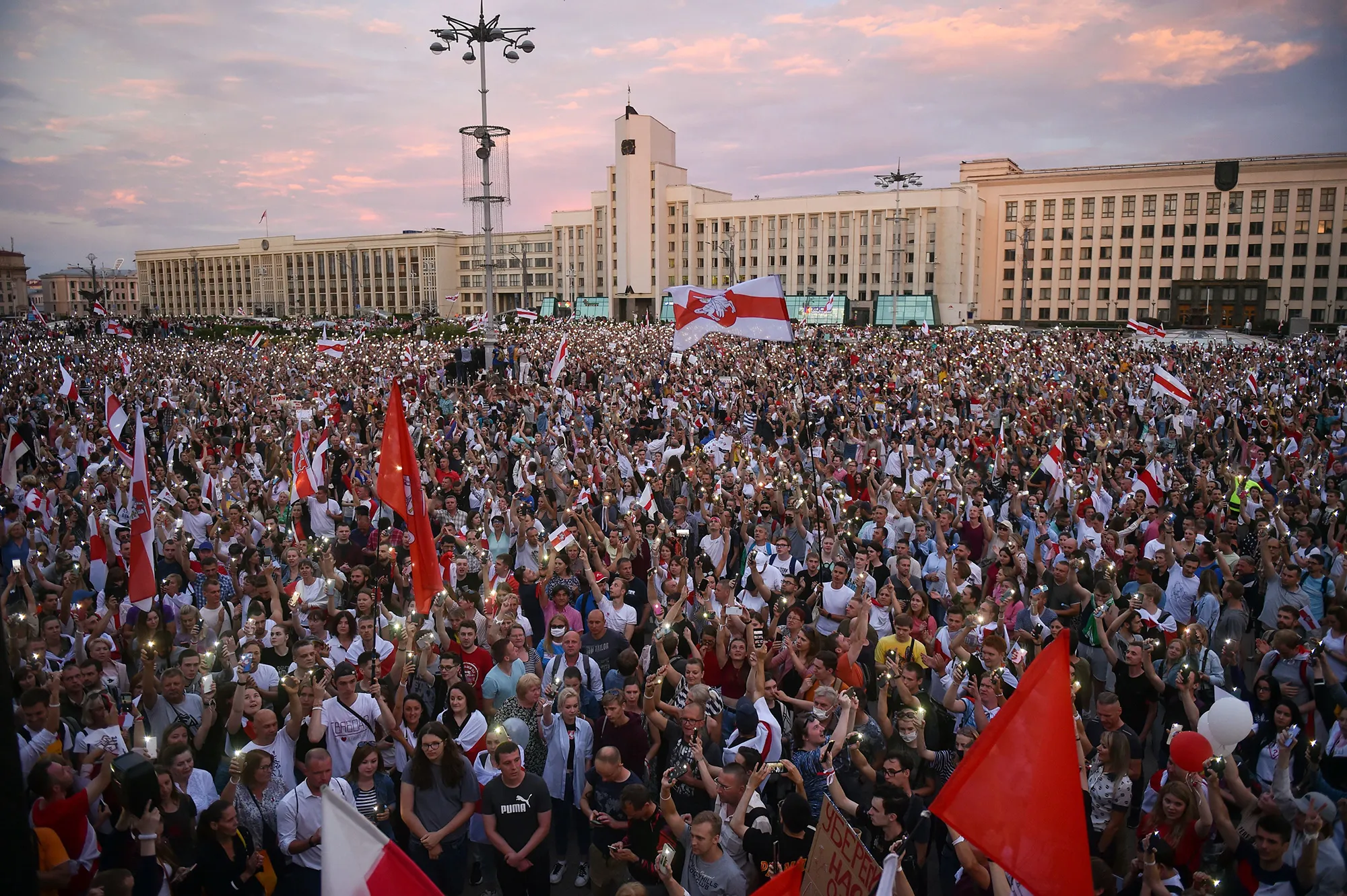 Opposition supporters protest in Independence Square in Minsk, Belarus, on Aug. 18.