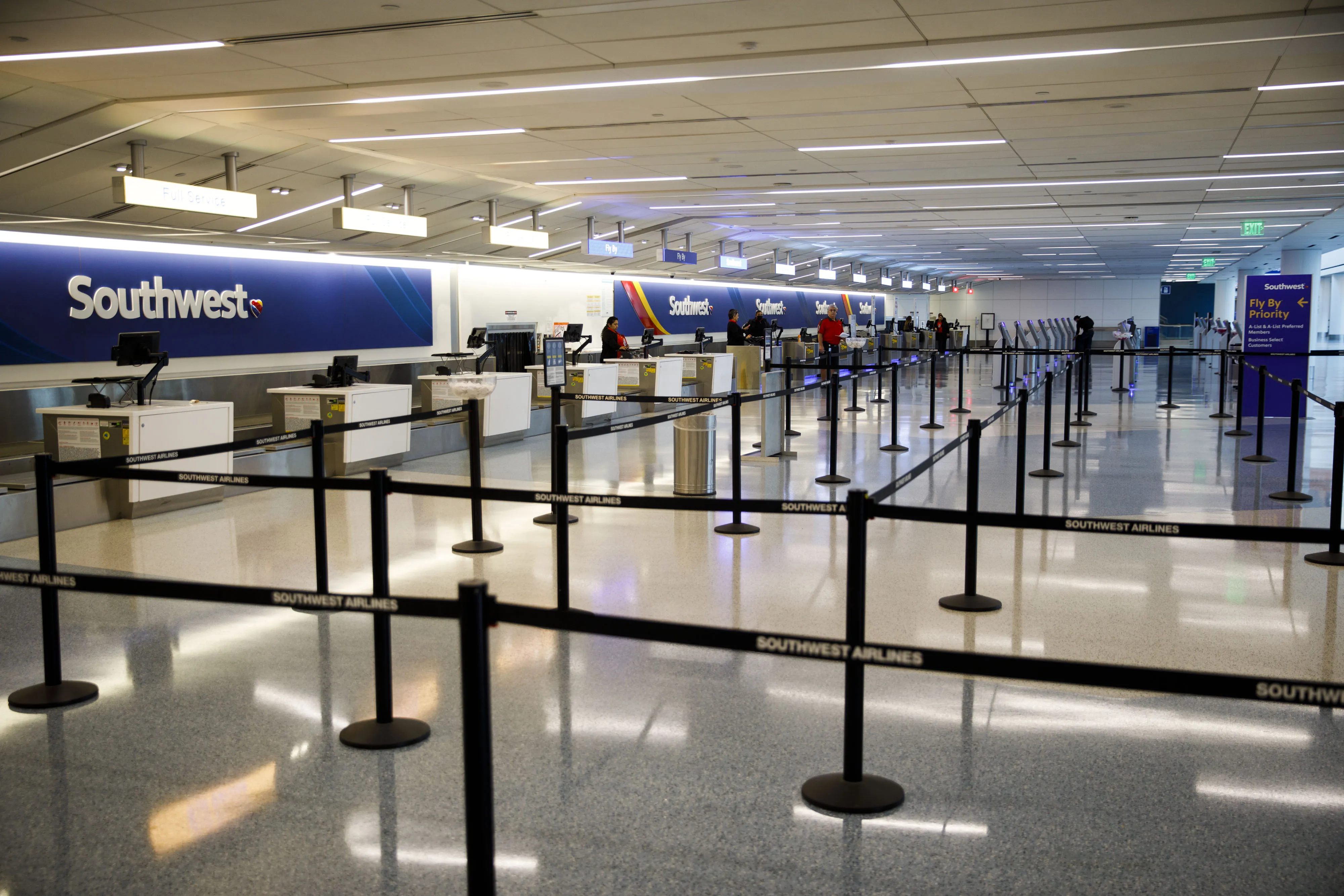 A Southwest Airlines check-in area at a nearly empty Terminal 1 in LAX airport.