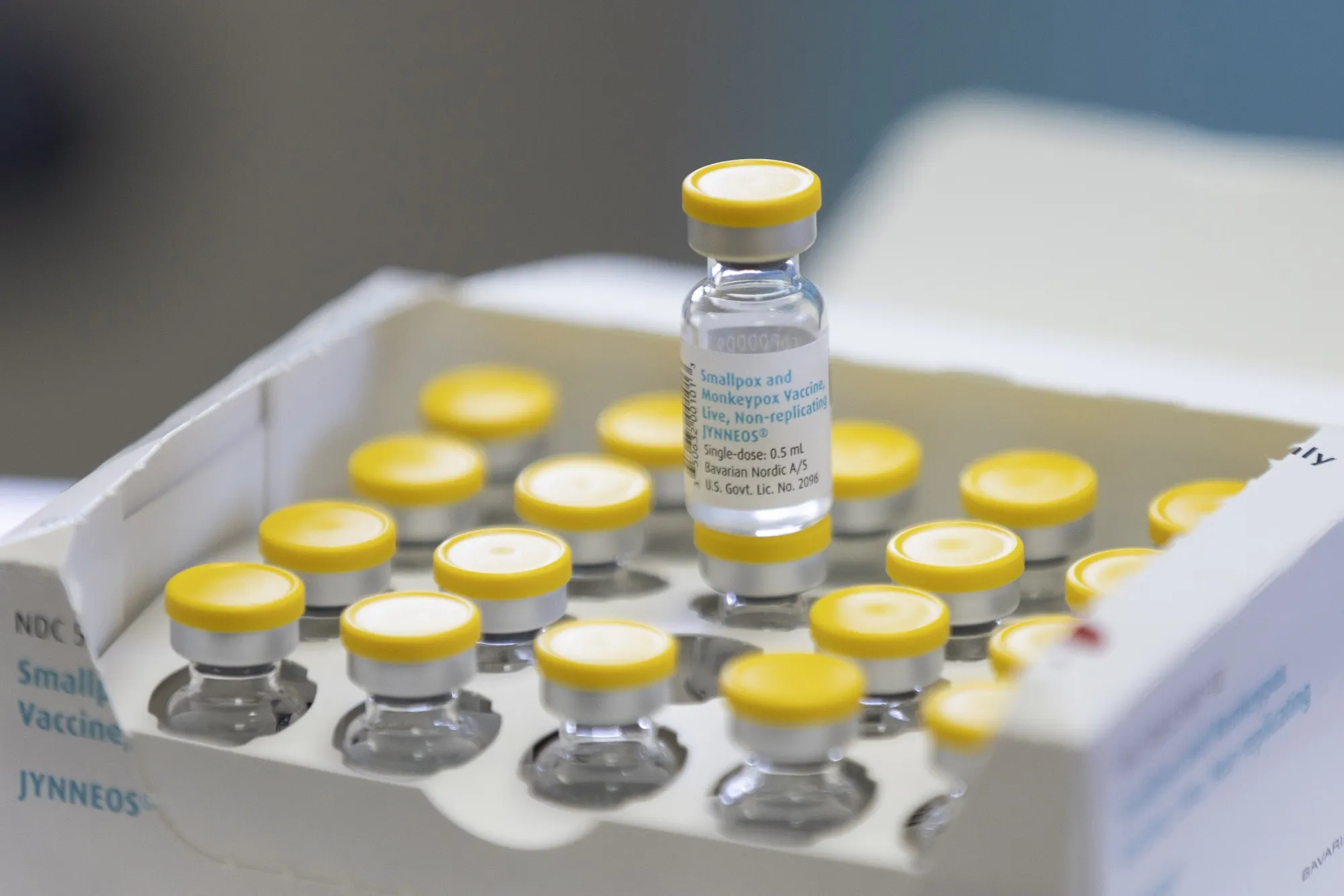 Vials of the Bavarian Nordic A/S Jynneos monkeypox vaccine.