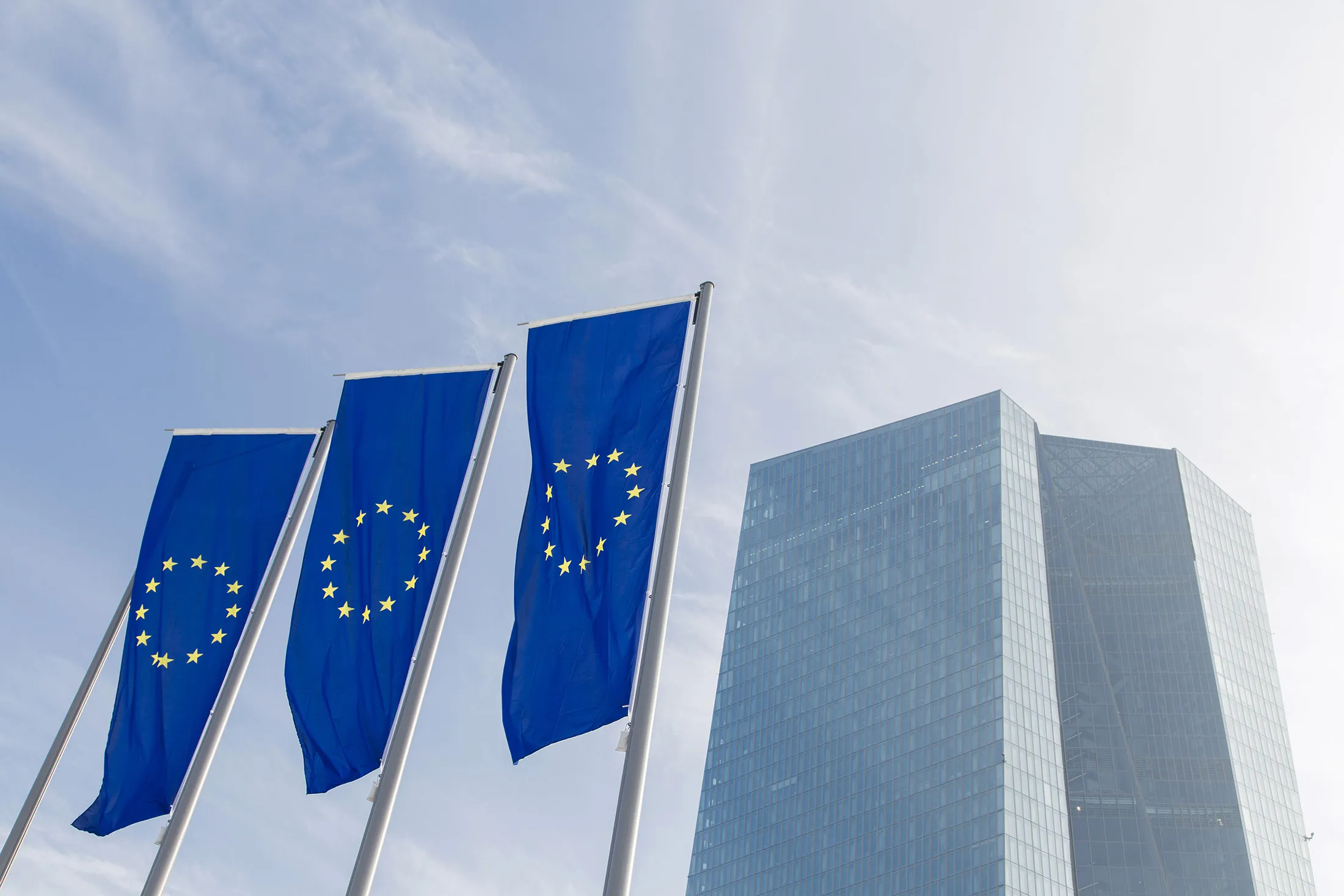 European Union (EU) flags fly outside the new headquarters of the European Central Bank (ECB) in Frankfurt, Germany.
