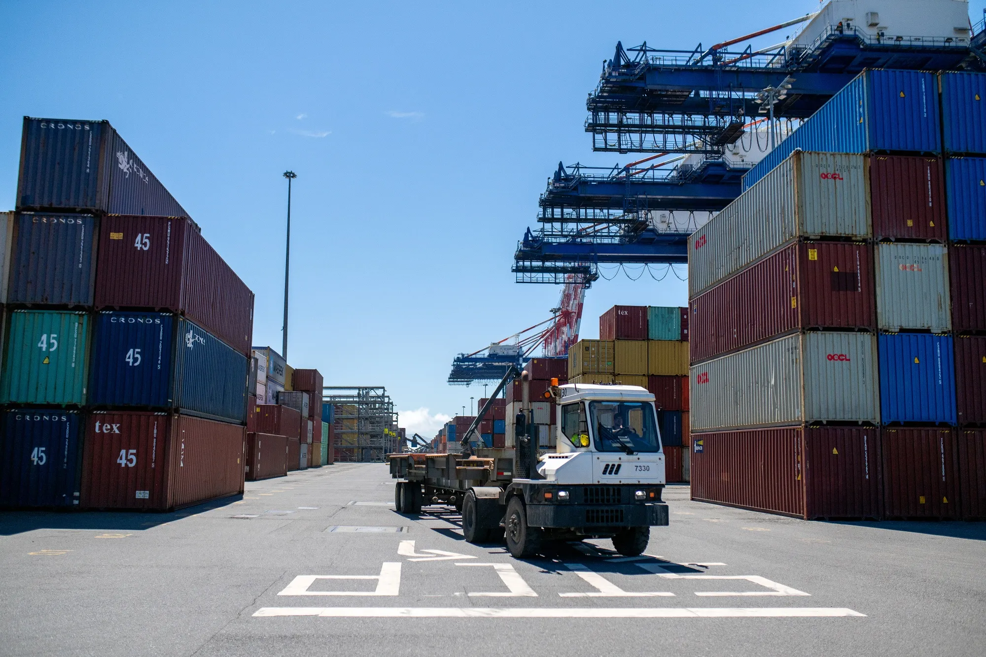 Trucks at the Fairview Container Terminal in the Port of Prince Rupert in Prince Rupert, British Columbia.