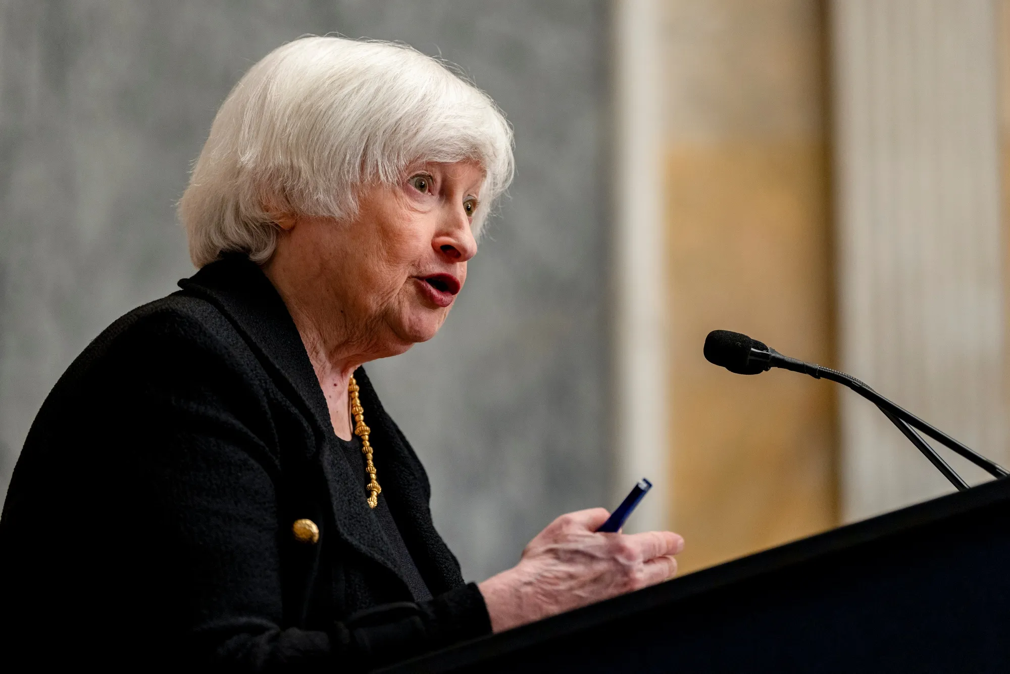 Secretary Yellen Holds News Conference During The Fall Meetings Of The International Monetary Fund And World Bank