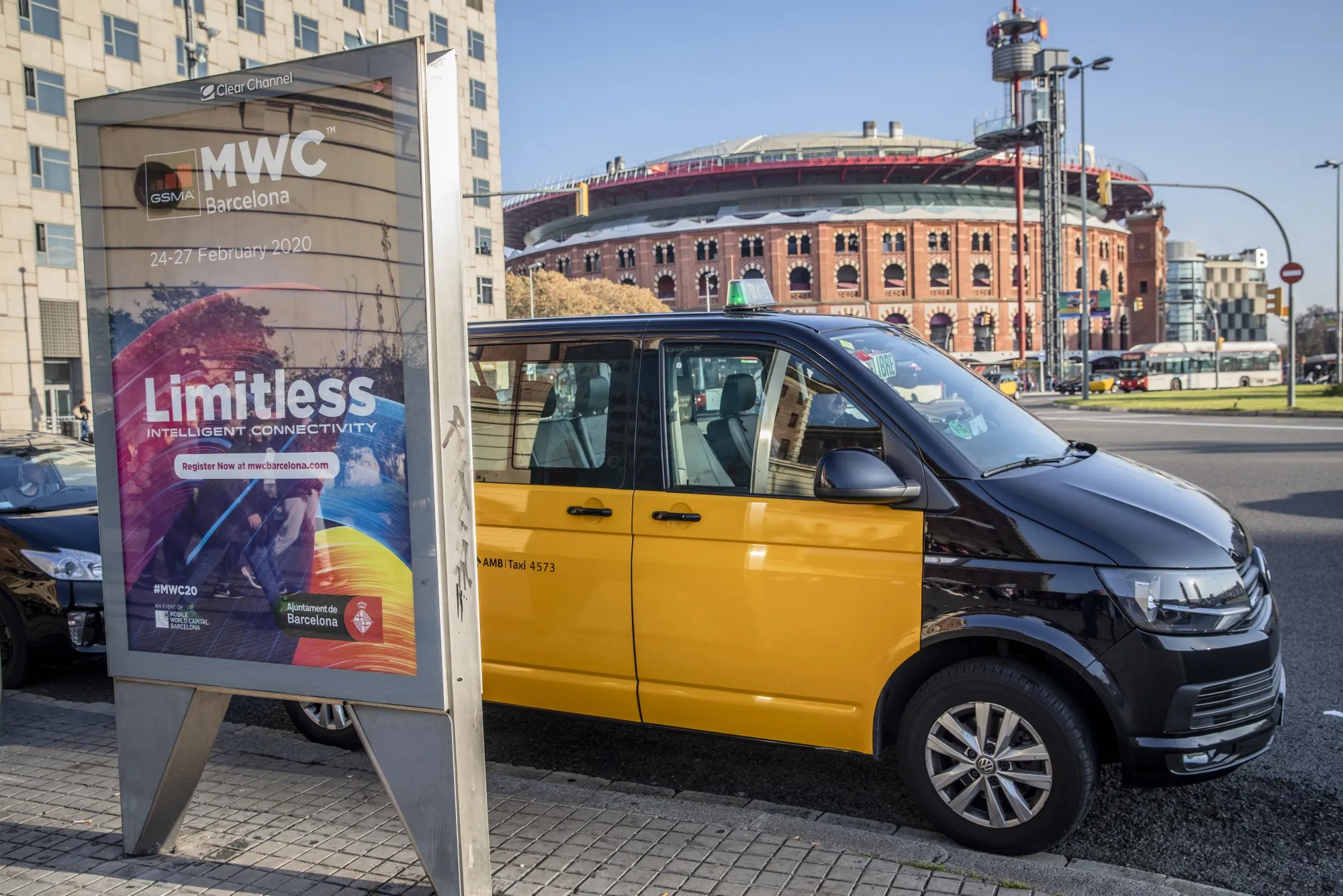 An advertising board for the Mobile World Congress in Barcelona on Feb. 23.