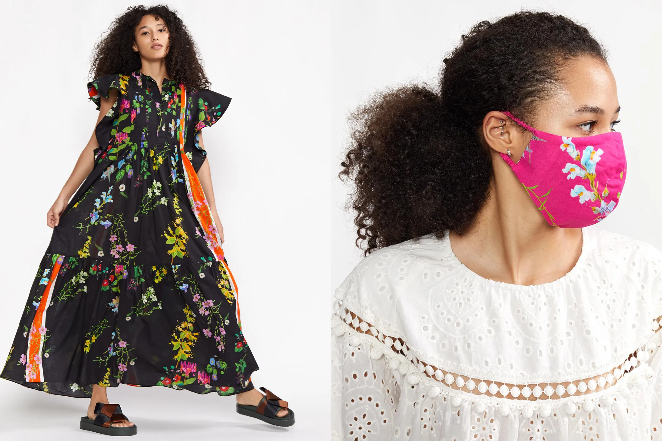 A pink cotton mask and a black caftan, from the latest collection by designer Cynthia Rowley.