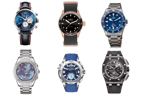Clockwise from top left: Baume & Mercier Shelby Cobra, Blancpain Fifty Fathoms Bathyscaphe, Tudor Pelagos, Audemars Piguet Royal Oak Offshore Selfwinding Tourbillon Chronograph, Clerc Hydroscaph GMT Power-Reserve Chronometer, Tissot T-Touch Solaire Dame