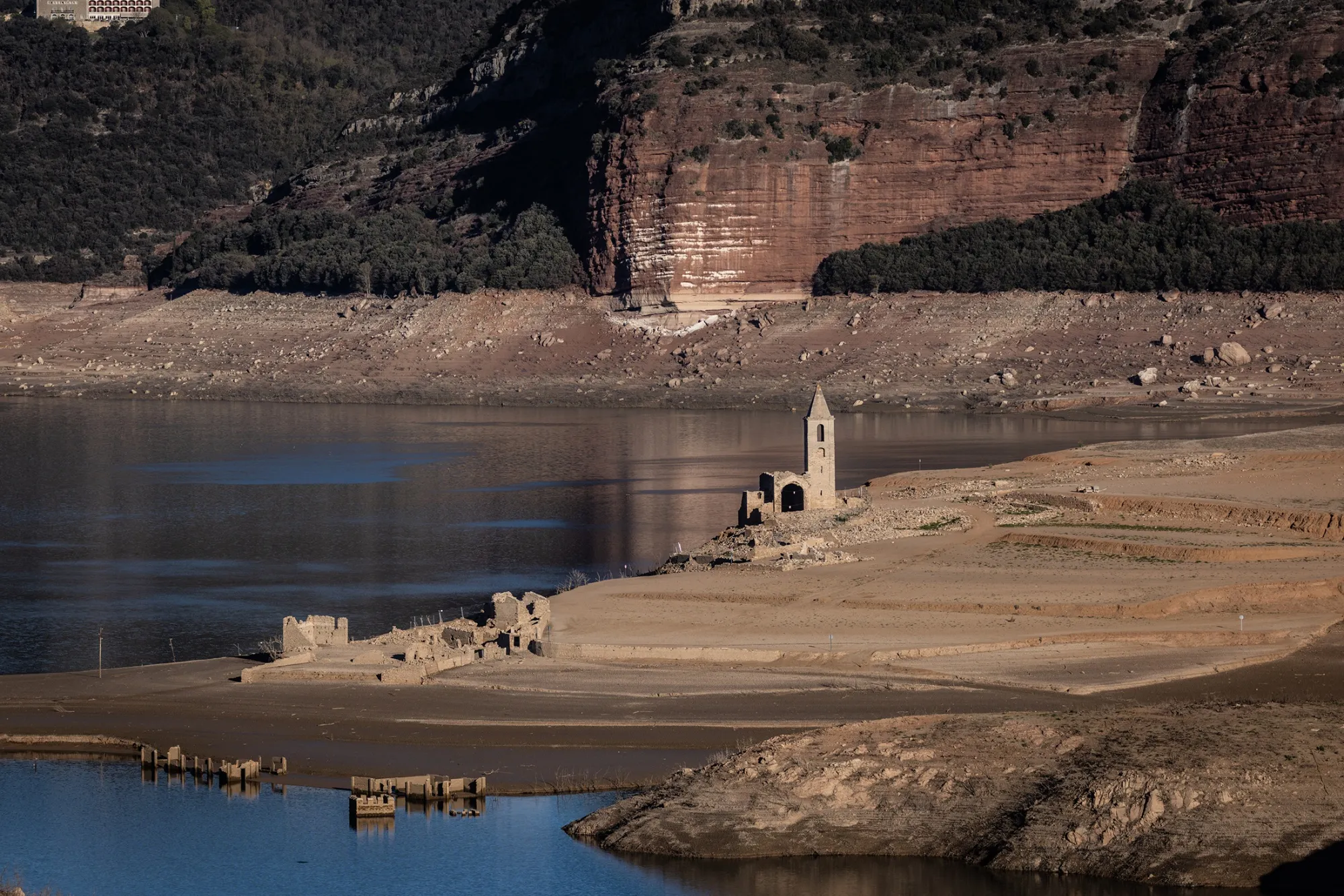 The ruins of the Sant Romà church, exposed&nbsp;due to low water levels in the Sau reservoir, Spain in April.&nbsp;