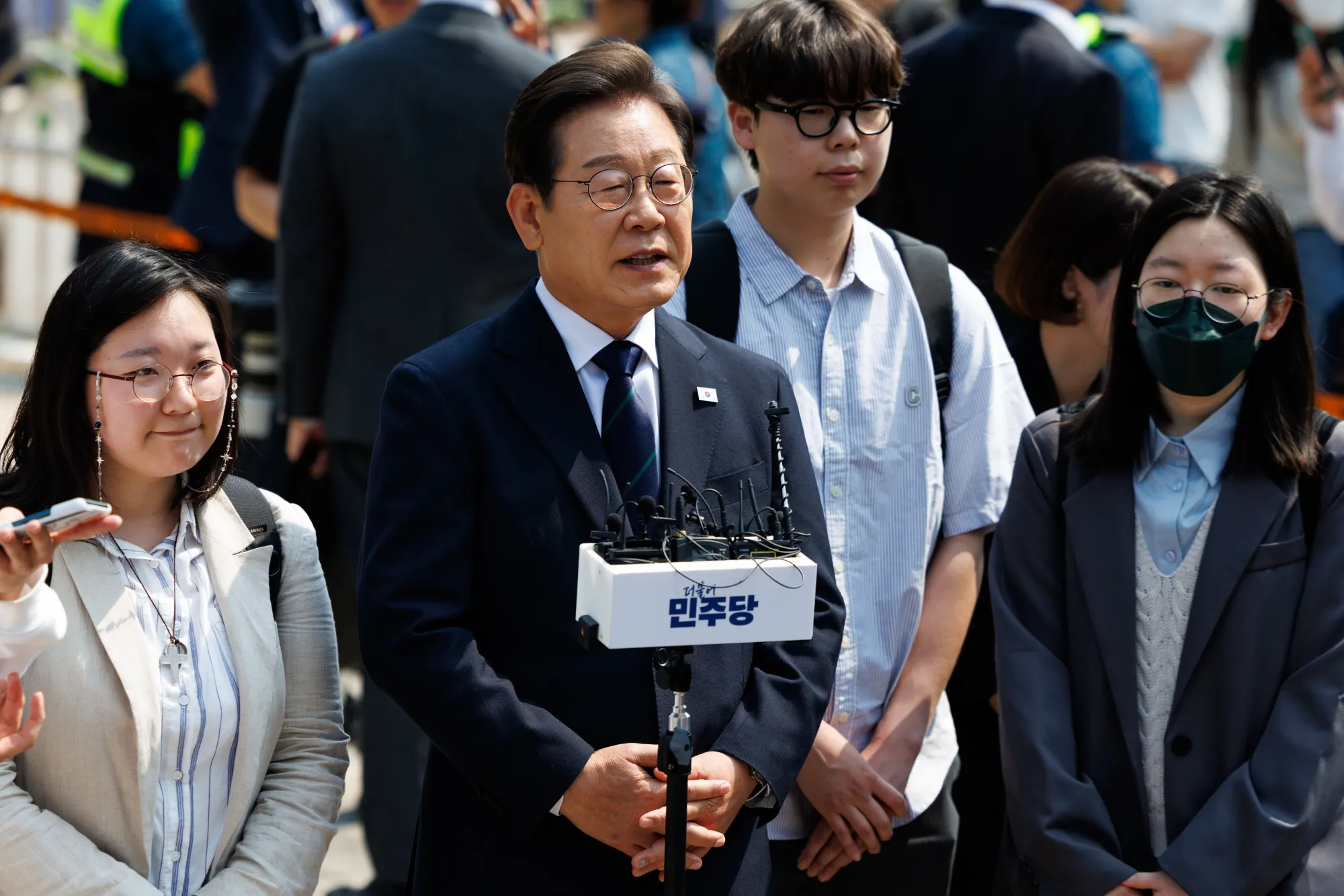 Lee Jae-myung speaks to members of the media outside a polling station in Seoul, South Korea, on May 29.
