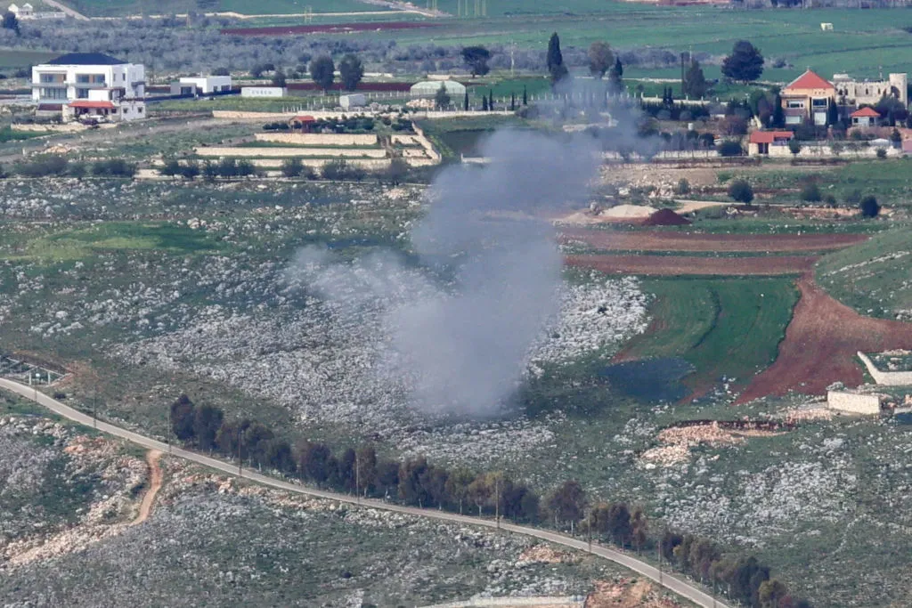 The site of Israeli artillery shelling that targeted the area around the&nbsp;Lebanese village of Yohmor, on March 22.